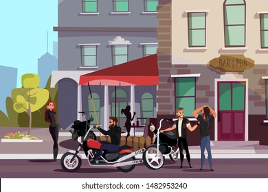 Biker Gang Outside Bar Flat Vector Illustration. Happy Men And Woman In Black Leather Jackets Cartoon Characters. Motorcyclist Club Members, People With Motorcycles On Street. Carefree Lifestyle