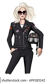 Biker girl holding helmet - vector illustration