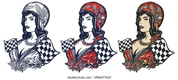 Muchacha de motociclismo. Pin moto deportiva mujer. Estilo de vida de los corredores. Arte vectorial del tatuaje de la vieja escuela. Juego de personajes de caricatura dibujado a mano. Aislado en blanco. Estilo tradicional de tatuaje