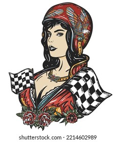 Biker girl. Pin up moto sport woman. Lifestyle of racers. Old school tattoo vector art. Hand drawn graphic. Isolated on white. Traditional flash tattooing style