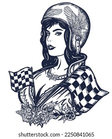 Muchacha de motociclismo. Pin moto deportiva mujer. Estilo de vida de los corredores. Arte vectorial del tatuaje de la vieja escuela. Gráfico dibujado a mano. Aislado en blanco. Estilo tradicional de tatuaje de flash