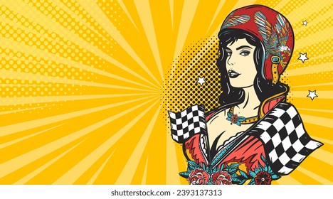 Biker girl. Pop art retro comic style. Pin up moto sport woman. Lifestyle of racers. Old school tattoo vector. Hand drawn graphic