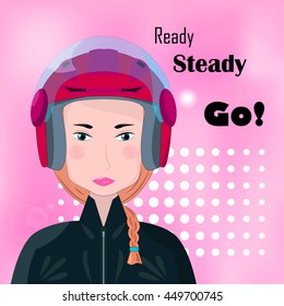 Biker girl with red helmet, motorcycle race vector illustration. Motorbike racer female. Square image for auto sport. Pink background or banner template. Ready, steady, go. Sportswoman in helm icon