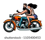 Biker with girl riding a retro motorcycle. Cartoon vector illustration