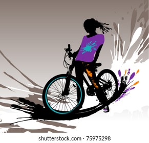 Biker girl silhouette, vector illustration with splashes.