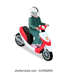 Biker in helmet driving red scooter. Motorbiker with motorcycle. Man in green suit riding scooter. Flat 3d isometric motorcyclist on motorcycle. Isometric biker top view. Isolated vector illustration.