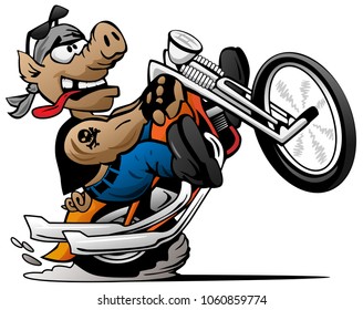 Biker Hog Popping A Wheelie On A Motorcycle Cartoon Vector Illustration