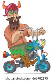 An biker in a horned helmet rides on a really cute and small bike. Caricature, cartoon character. A ridiculous scene.