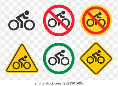 Biker icons symbol set. No Bike, bicycle prohibition sign logo. Cyclist Bike road. Vector illustration image.