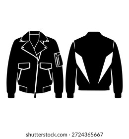Biker Jacke Vektor Silhouette mit Reißverschluss Details, Motorrad Lederjacke Modevorlage vorne und hinten