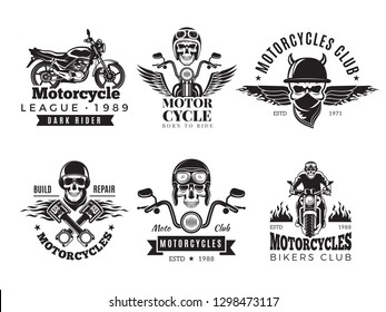 Biker labels. Vintage custom motorcycle and symbols for badges skull bike flags wheel bones engine fire vector road concept