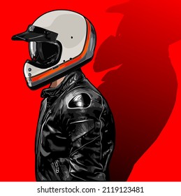 
biker in leather jacket and helmet,  t-shirt design, biker, knucklehead, panhead, shovelhead, flathead, naked bike, dragrace, supermoto, Motorradfahrer, 
motorrijder, vector template

