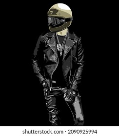 Biker In Leather Jacket Using Full Face Helmet, Naked Bike, Rider, T-shirt Design, Motorcycle Club, Patch, Arai, Shoei, Ls2, Agv, Motorradfahrer, Motorrijder, Motard