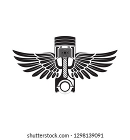 biker logo design vector template with black piston and wings icon
