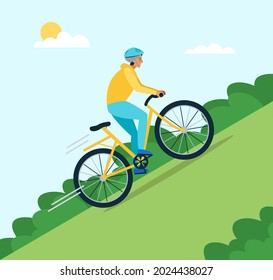 Biker man in a helmet rides uphill, sun, clouds, plants. Vector flat style illustration.