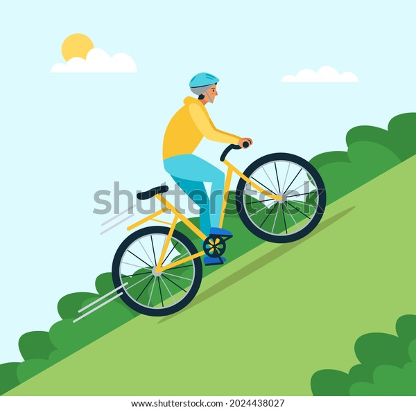 Biker man in a helmet rides uphill,
sun, clouds, plants. Vector flat style
illustration.