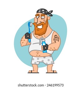 Biker man holding toothbrush and toothpaste