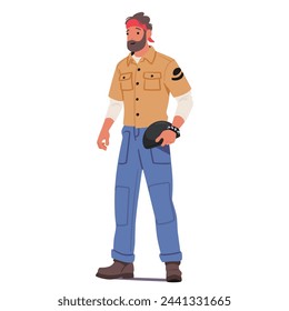 Biker Man Subculture, Rebellious And Free-spirited Bearded Male Character with Helmet In Hand, Embraces Open Road, Reflecting A Sense Of Adventure And Camaraderie. Cartoon People Vector Illustration