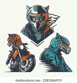biker mascot sticker. Extreme Racing. Emblem template with cartoon racer . Design element for logo, label, sign, emblem, poster. Vector illustration