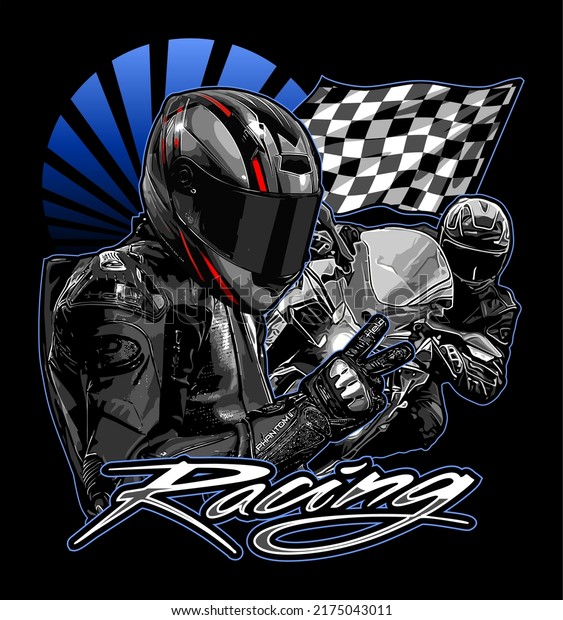 biker with\
motor sport background and racing flag\
