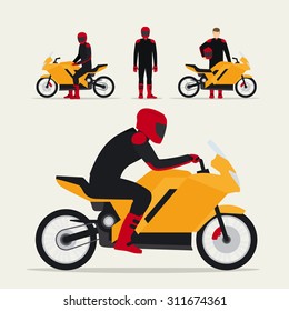 Biker with motorcycle in different poses flat vector illustration. Motorcyclist on motorbike