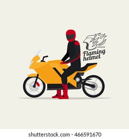 Biker with motorcycle in flat style with logotype silhouette, vector illustration