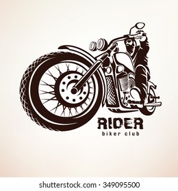 biker, motorcycle grunge vector silhouette, retro emblem and label
