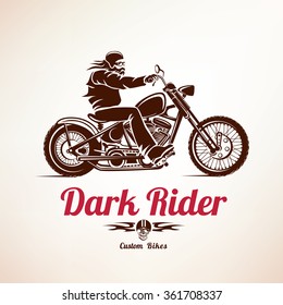 Biker, Motorcycle Grunge Vector Silhouette, Retro Emblem And Label