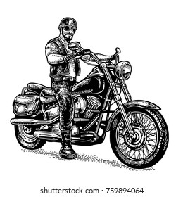 Biker in the motorcycle helmet and glasses riding a classic chopper bike. Side view. Vector black engraving vintage isolated on white background. For poster and t-shirt