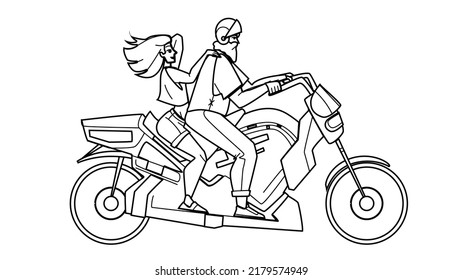 biker motorcycle vector. motorbike man and woman, rider on motor bike, leather jacket, rider and helmet biker motorcycle character. people black line pencil drawing vector illustration