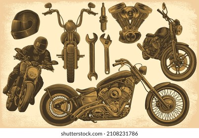 Motociclista y motocicleta. Conjunto de diseño. Ilustración editable dibujada a mano. Grabado vectorial vintage. 8 EPS