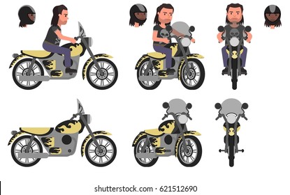 Biker. A motorcyclist and his motorcycle. Front view, side view, three-quarter view. Vector illustration. Flat style design. Isolated on a white background.