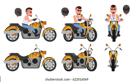 Biker. A motorcyclist and his motorcycle. Front view, side view, three-quarter view. Vector illustration. Flat style design. Isolated on a white background.