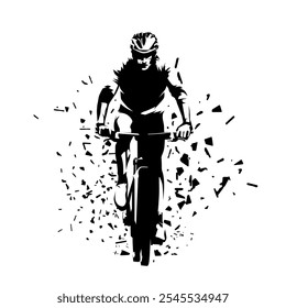 Biker, mountain bike cycling, front view, abstract dispersed isolated vector silhouette