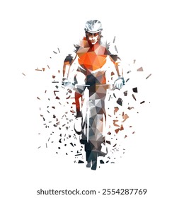 Biker, mountain bike cycling, front view, abstract low polygonal dispersed isolated vector illustration