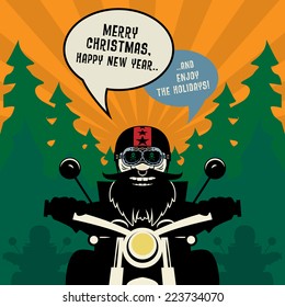 Biker New Year greeting card or poster, vector illustration