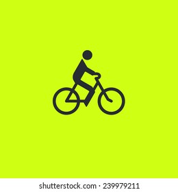 Biker On Bicycle Icon: Common Bike Riding Pictogram On Green Background. For Maps, Schemes, Applications And Infographics. 