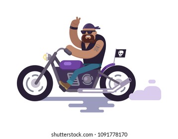 Biker on cute motorbike shows peace gesture, modern cyclist on motorised bike with skull tattoos and black flag vector illustration of gangster man isolated
