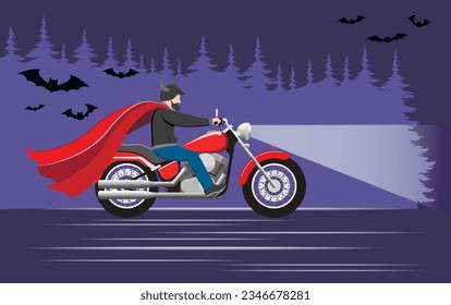 A biker on a motorcycle in a Dracula costume rushes against the backdrop of a night forest and bats. Halloween concept. . Vector illustration.