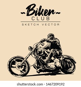 Biker on a motorcycle. Hand drawn sketch vector illustration