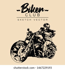 Biker on a motorcycle. Hand drawn sketch vector illustration