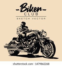 Biker on a motorcycle. Hand drawn sketch vector illustration