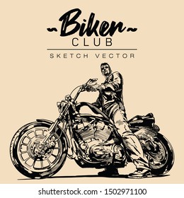 Biker on a motorcycle. Hand drawn sketch vector illustration