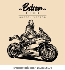 Biker on a motorcycle. Hand drawn sketch vector illustration