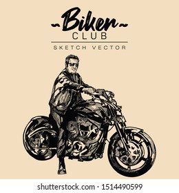 Biker on a motorcycle. Hand drawn sketch vector illustration