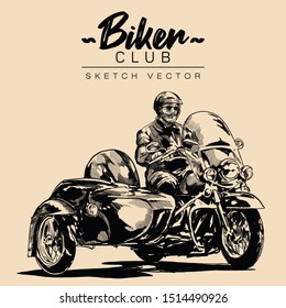 Biker on a motorcycle. Hand drawn sketch vector illustration