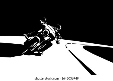 Biker on a motorcycle rides on the highway. Silhouette of a motorcyclist in a helmet on a bike on a black background.