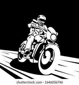 Biker on a motorcycle riding fast on the road. White silhouette of a motorcyclist in a helmet on a bike on a black background.