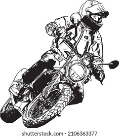 Biker on a motorcycle riding fast on the road. White silhouette of a motorcyclist in a helmet on a bike on a black background.