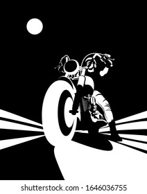 Biker on a motorcycle stands on the road. White silhouette of a motorcyclist in a helmet on a bike on a black background.